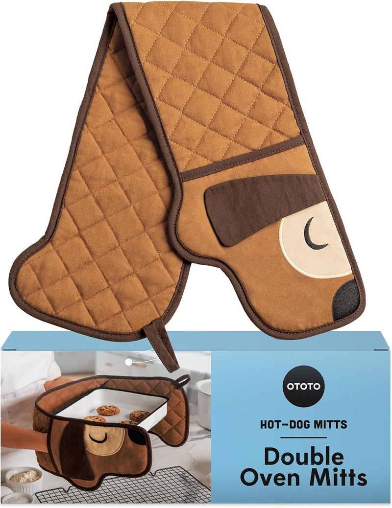 OTOTO Hot-Dog Double Oven Mitts Cute Funny - Gifts for Dog Lovers, Dachshund Themed Gifts, Heat Resistant, Kitchen Gadgets (Brown) - Image 1